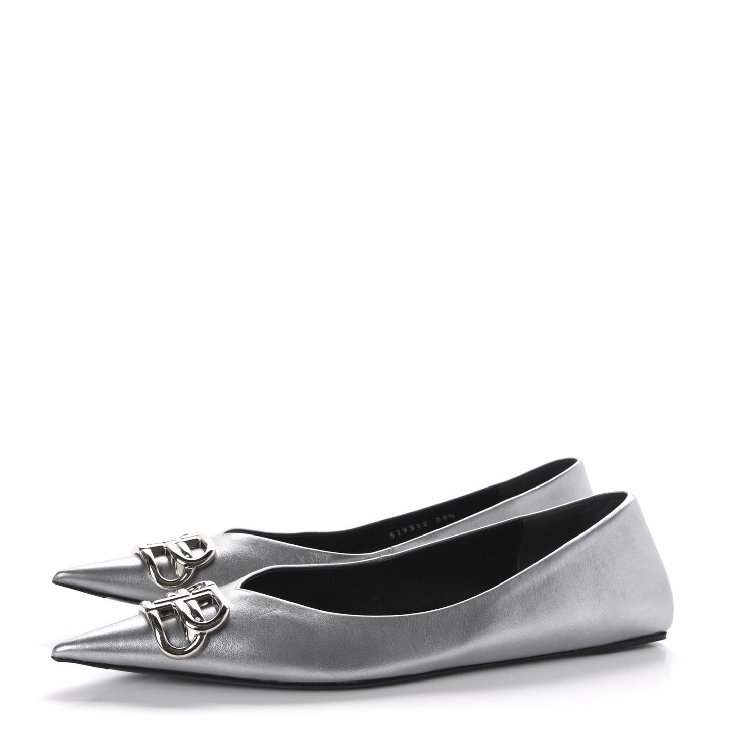 Metallic Calfskin BB Knife Pointy Toe Ballerina Flats 39.5 Silver Hardware