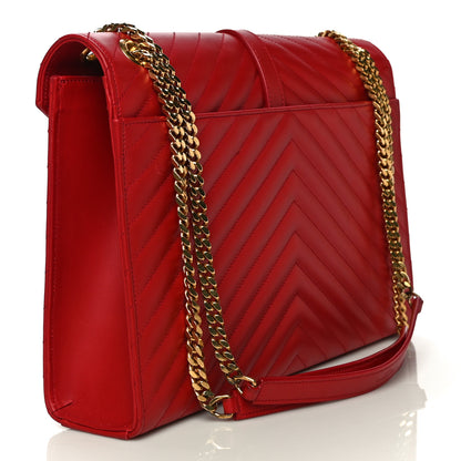 Saint Laurent Smooth Calfskin Matelasse Chevron Large Monogram Satchel Red 3 of 12
