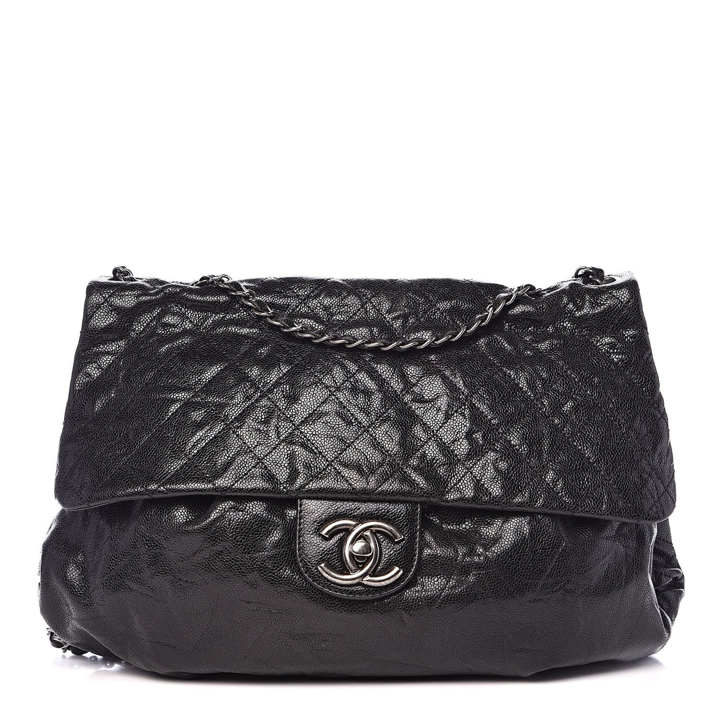 Crumpled Caviar Quilted Maxi Elastic Flap Black