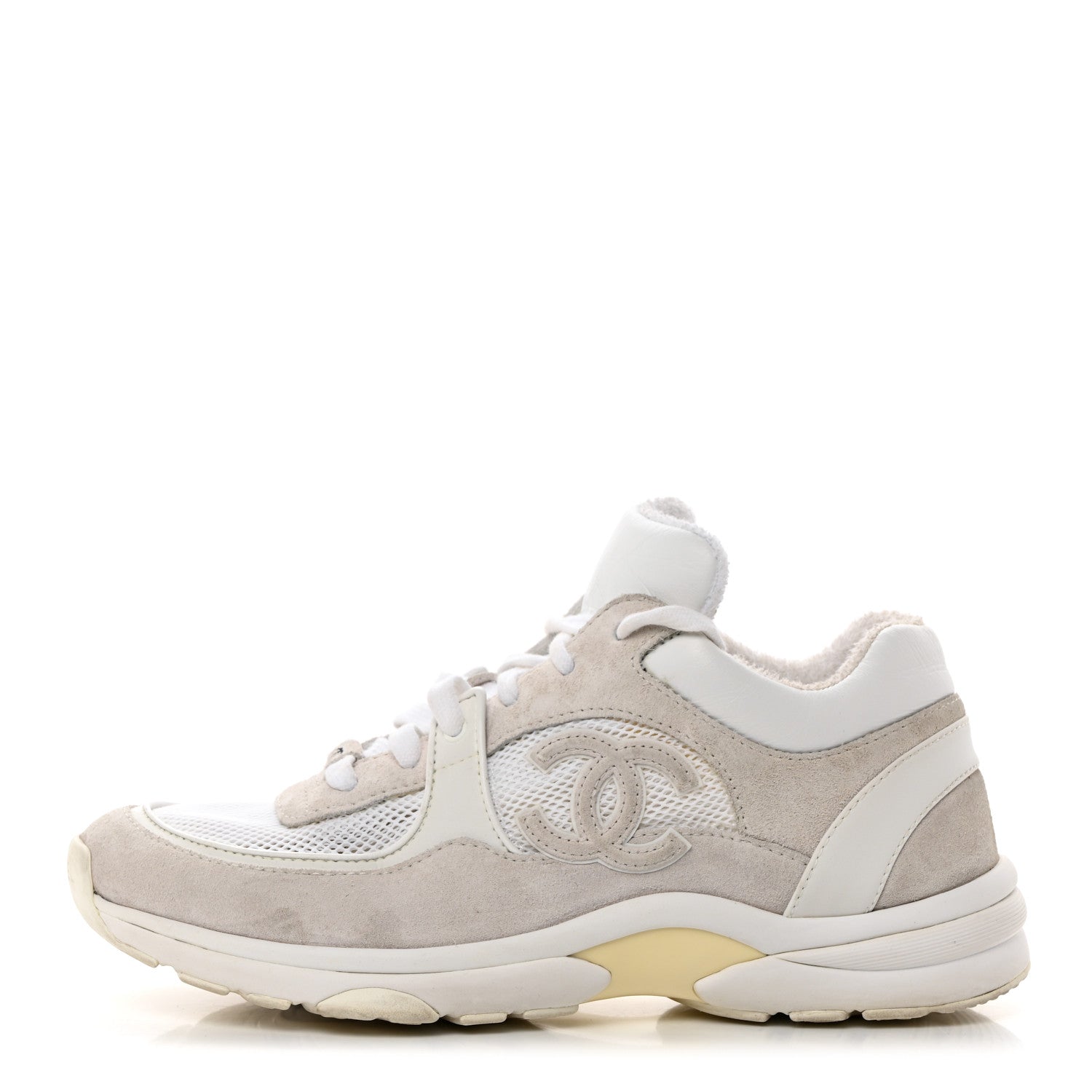 Chanel Mesh Suede Calfskin Grained Calfskin Womens CC Sneakers 39 White Grey 1 of 8