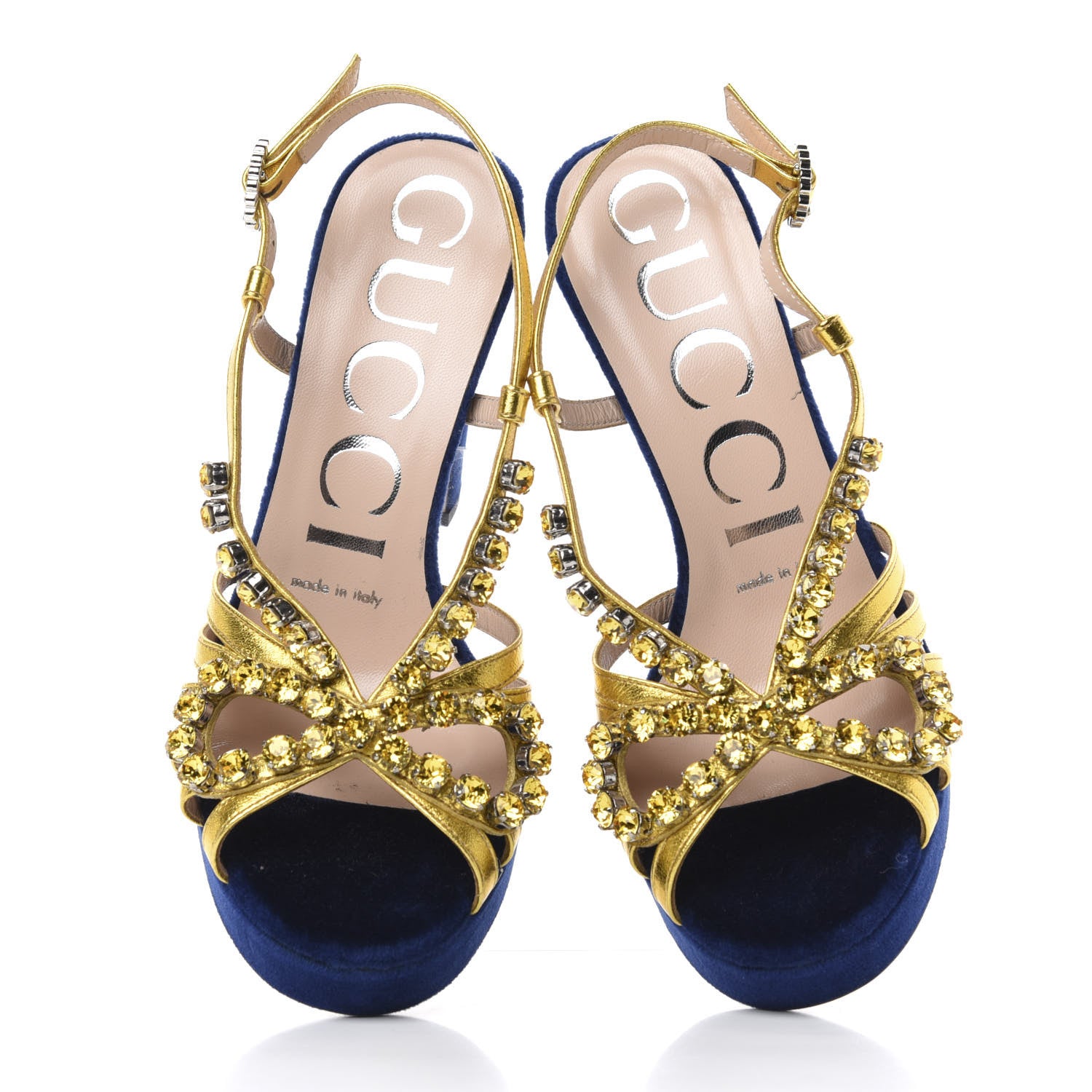 Gucci Velvet Nappa Crystal Zephyra Slingback Platform High Heel Sandals 35.5 Blue Gold 5 of 10