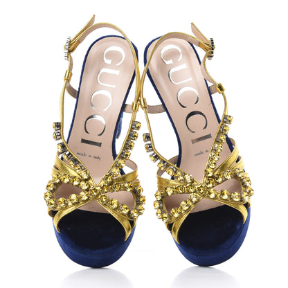 Gucci Velvet Nappa Crystal Zephyra Slingback Platform High Heel Sandals 35.5 Blue Gold 5 of 10