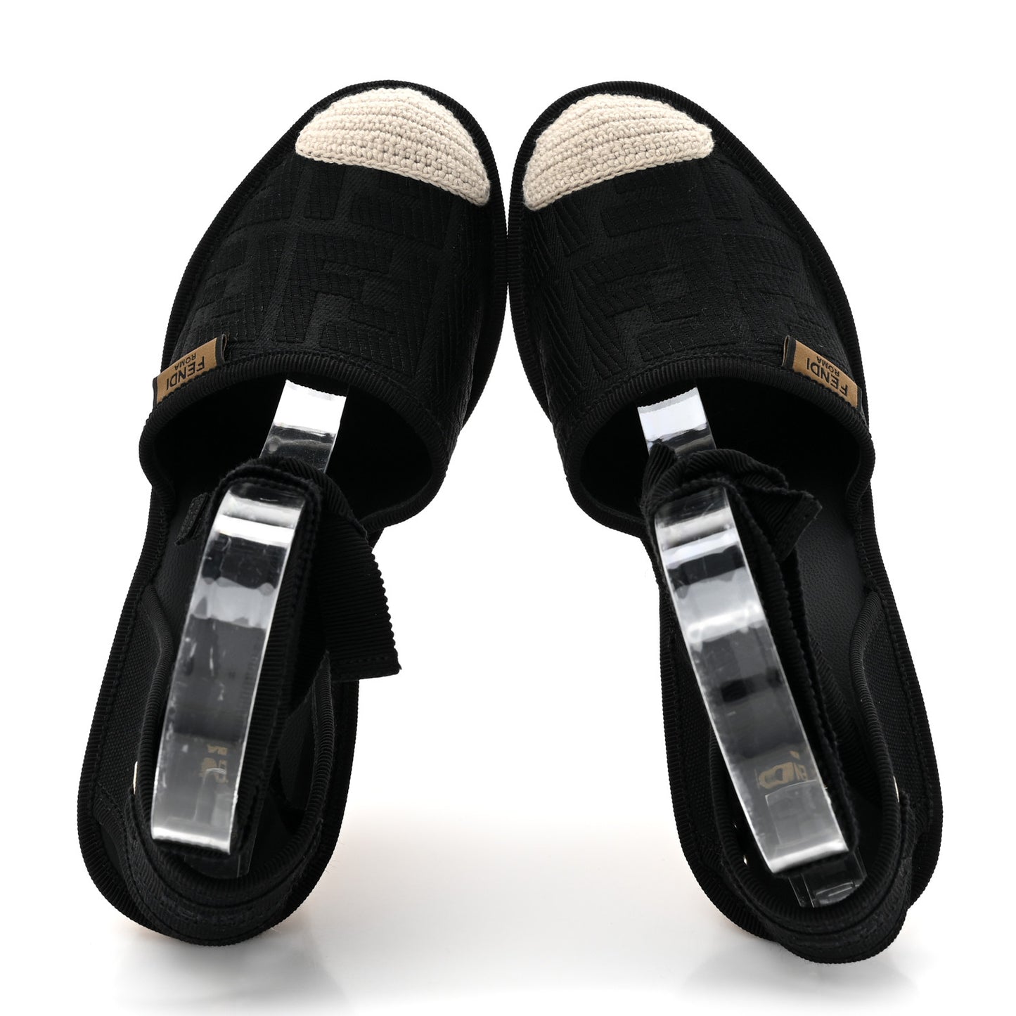 Canvas FF Embroidered Roma Ankle Wrap Wedge Espadrilles 36 Black