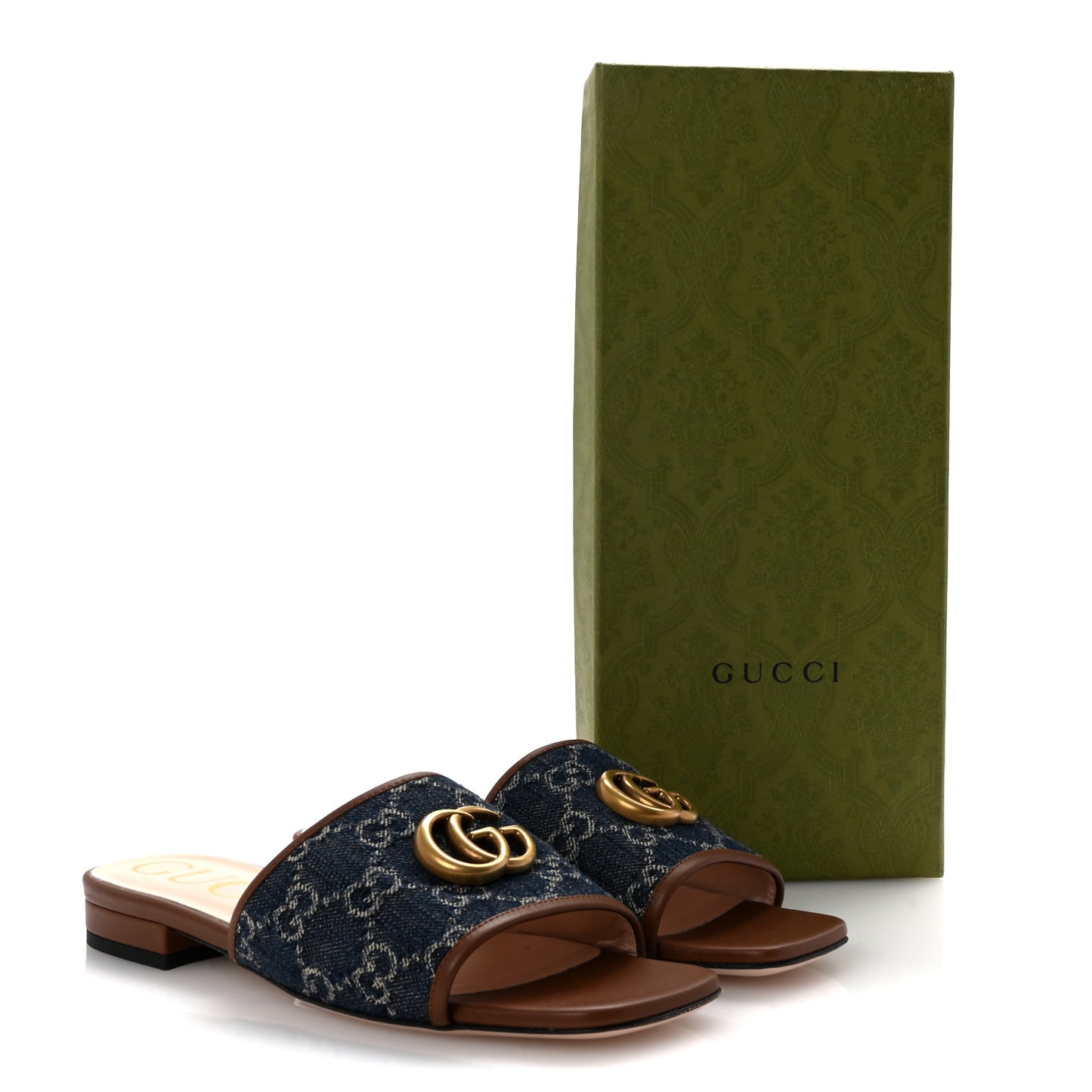 New Denim GG Monogram Miro Soft Calfskin Jolie Slide Sandals 37 Blue Tea Cuir Epilog