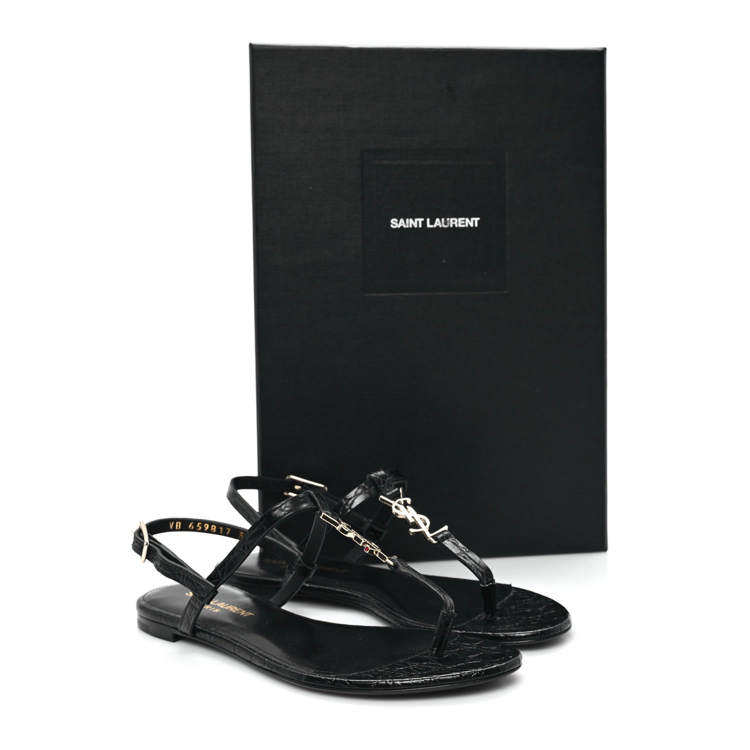Saint Laurent Calfskin Crocodile Embossed Cassandra Monogram Sandals 35.5 Black 11 of 11