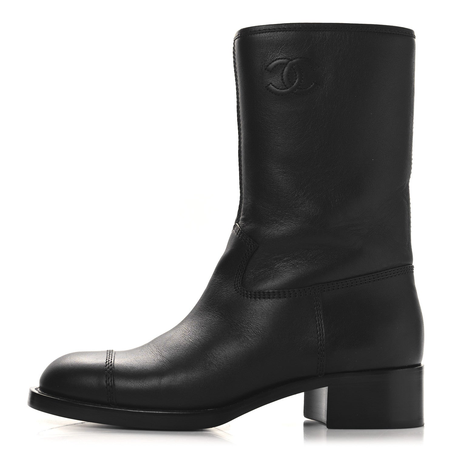 Chanel Calfskin Quilted CC Logo Mid Calf Boots 39 Black 1 of 9