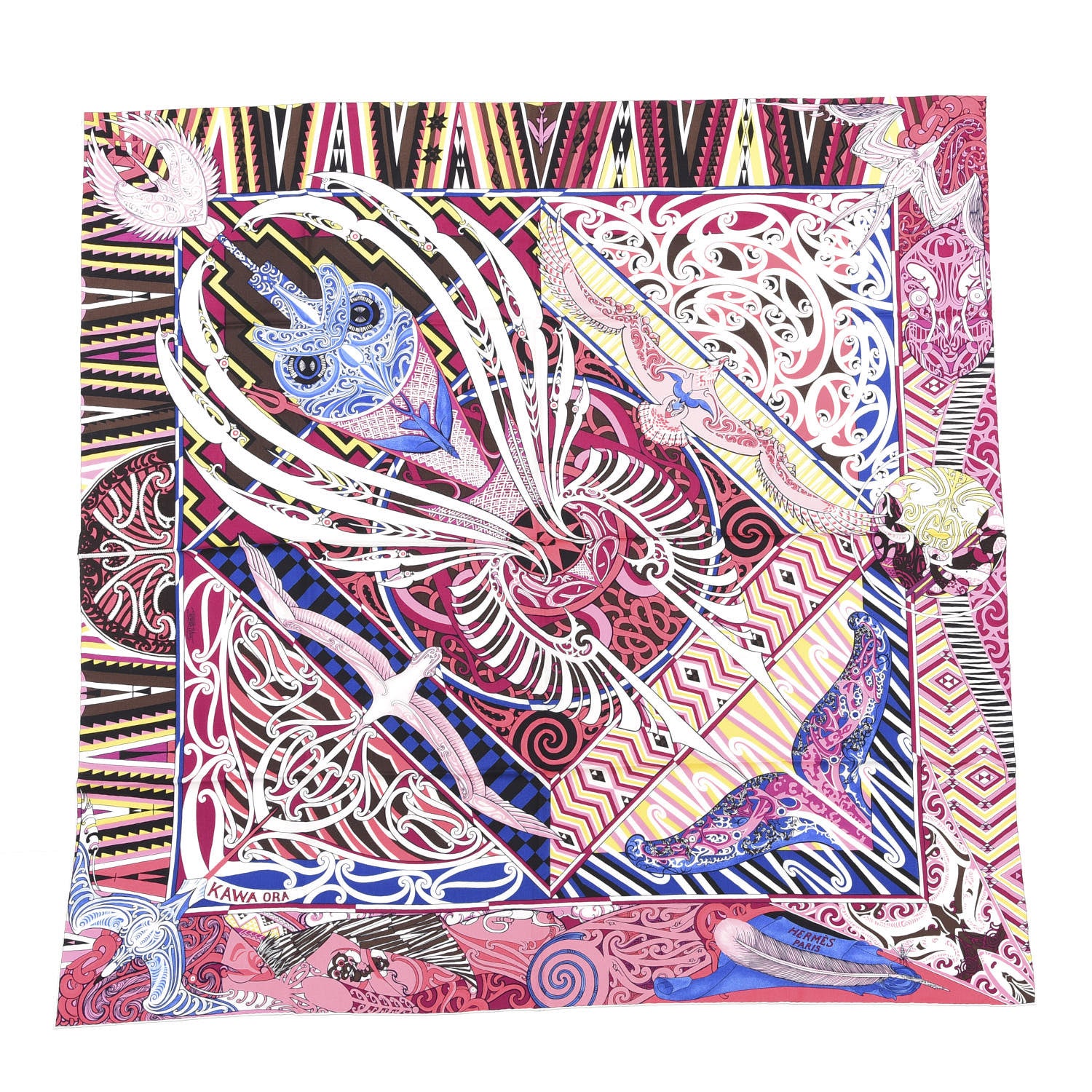 Hermes Cashmere Silk Kawa Ora Shawl 140 Fuchsia Marron Jaune 1 of 4