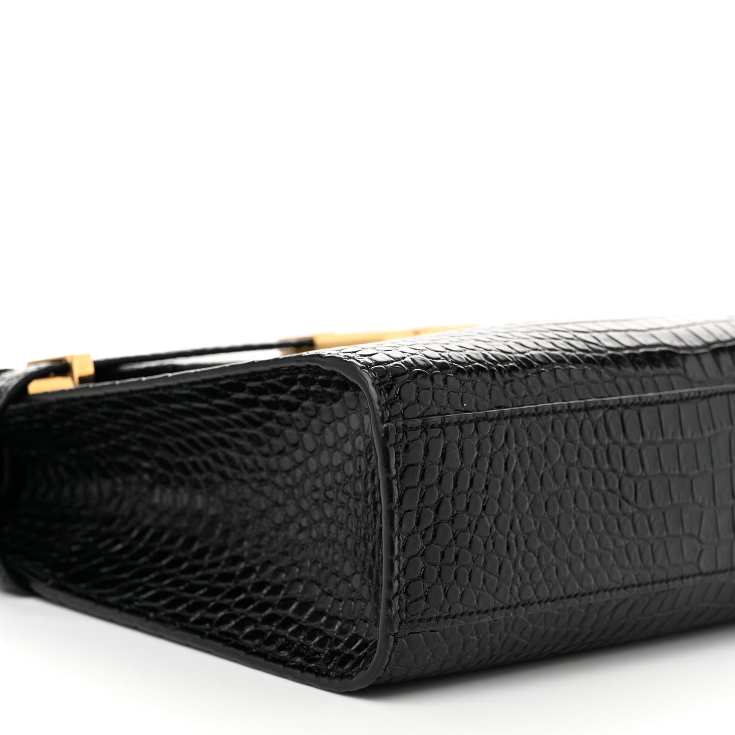 Shiny Calfskin Crocodile Embossed Manhattan Baguette Black