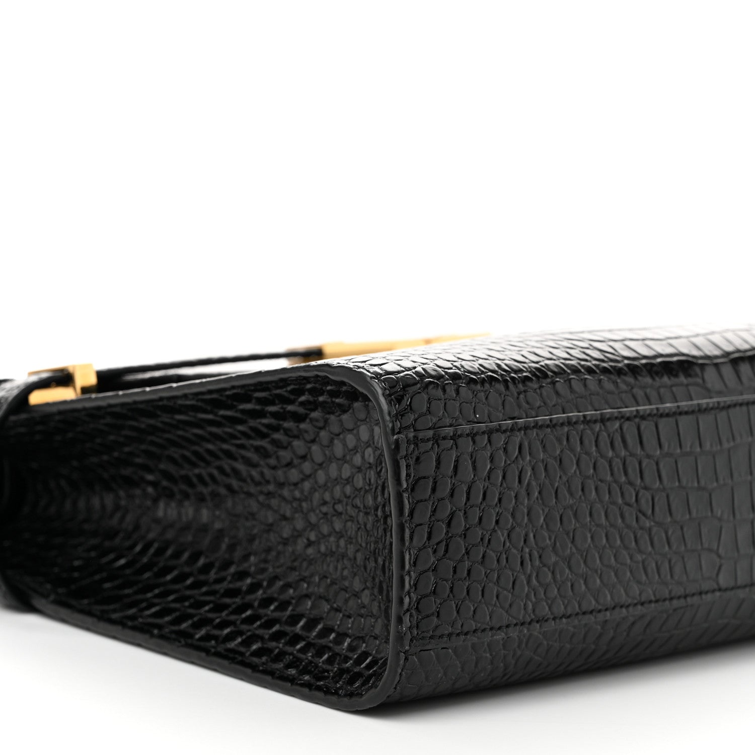 Saint Laurent Shiny Calfskin Crocodile Embossed Manhattan Baguette Black 8 of 9