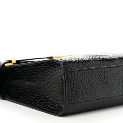 Saint Laurent Shiny Calfskin Crocodile Embossed Manhattan Baguette Black 8 of 9