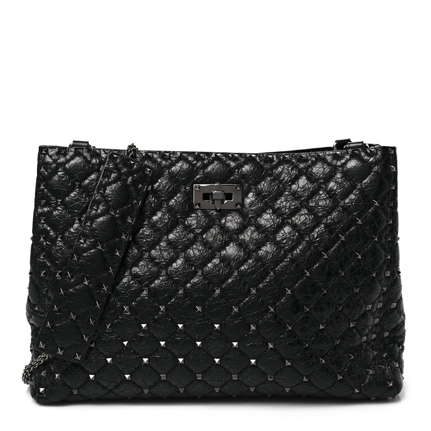 Craquele Nappa Rockstud Spike Shoulder Tote Black
