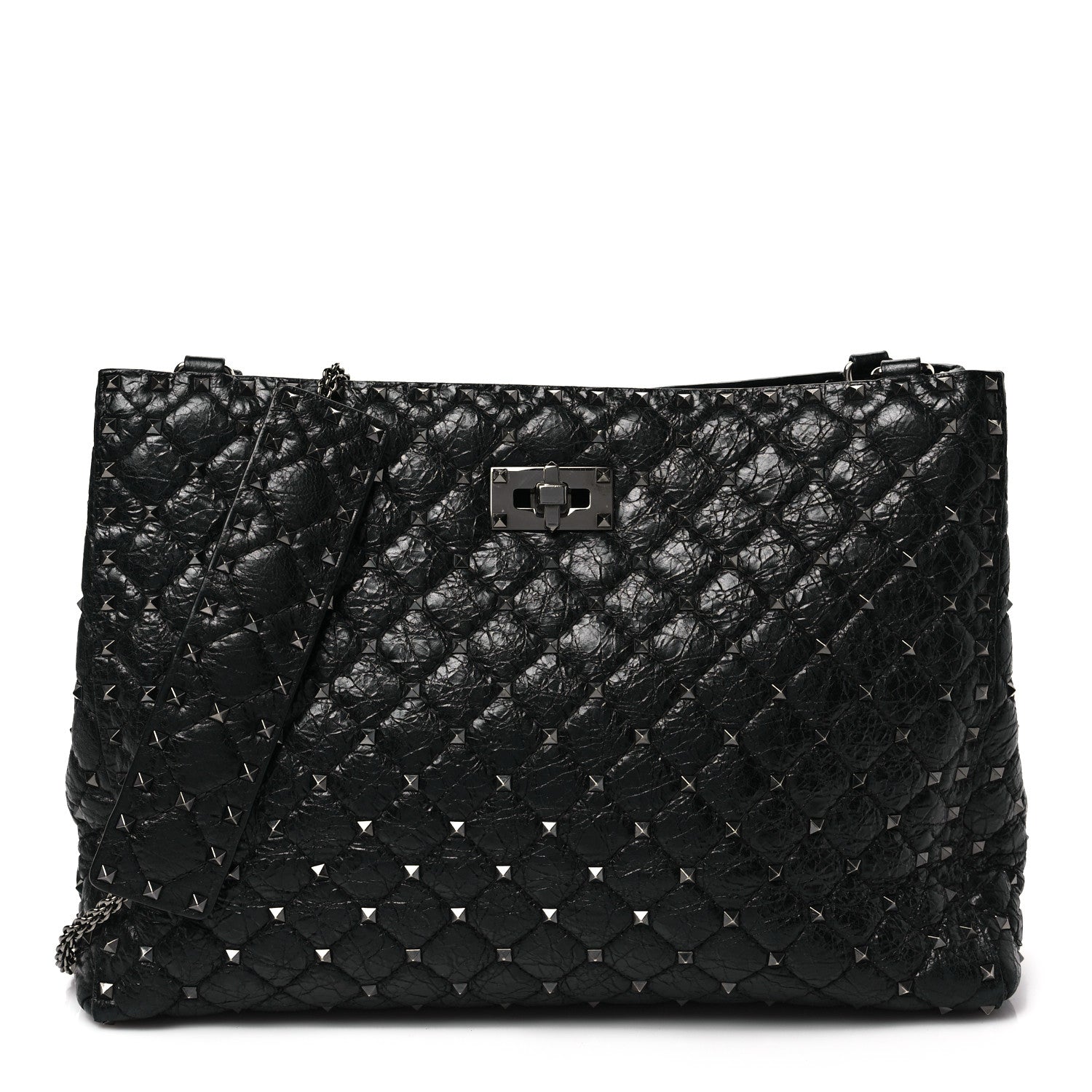 Valentino Garavani Craquele Nappa Rockstud Spike Shoulder Tote Black 1 of 8