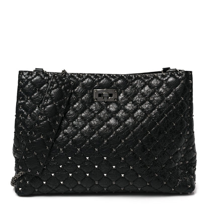 Valentino Garavani Craquele Nappa Rockstud Spike Shoulder Tote Black 1 of 8