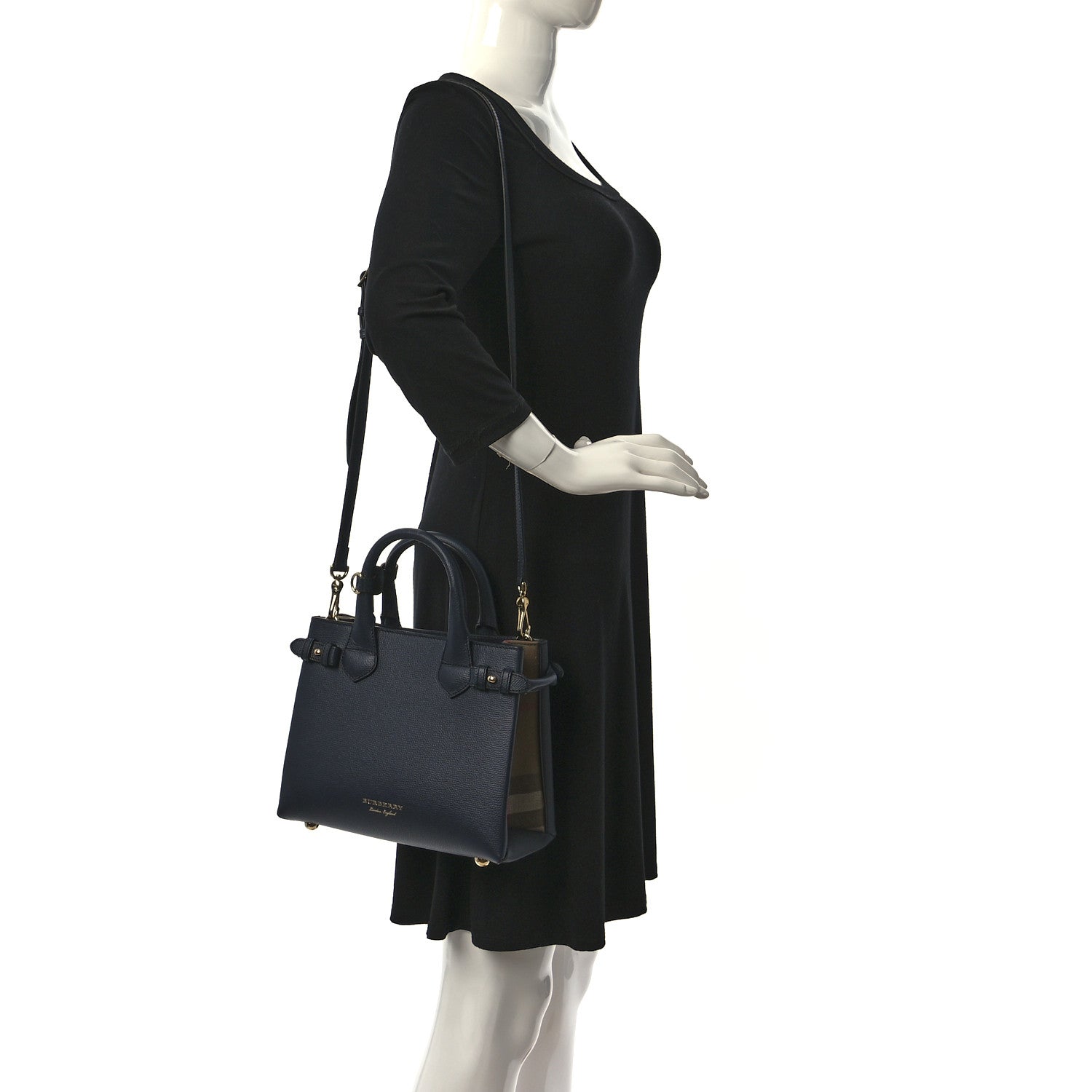 Burberry Derby Calfskin House Check Small Banner Tote Ink Blue 2 of 9