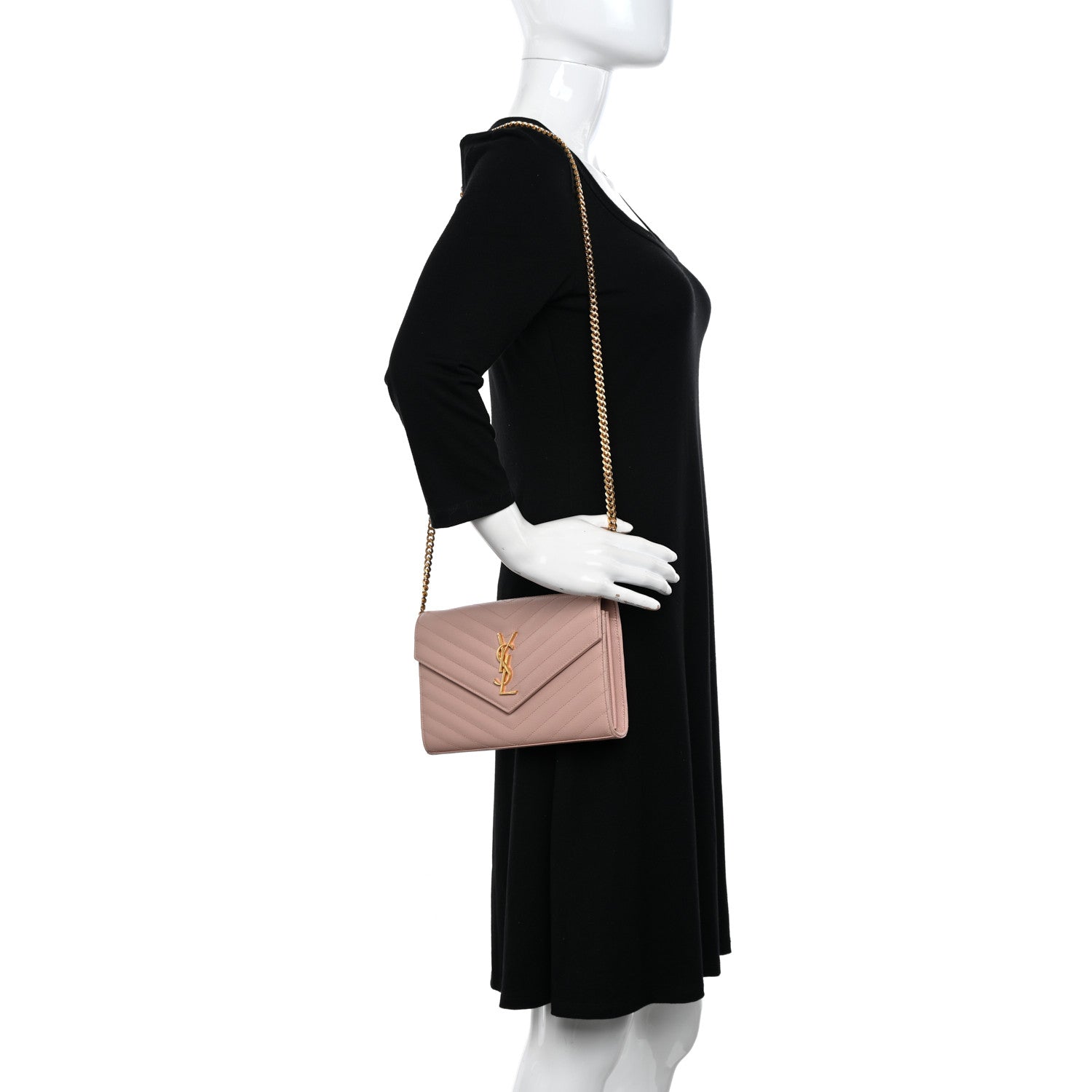 Saint Laurent Grain De Poudre Matelasse Chevron Monogram Chain Wallet Pale Blush 2 of 9