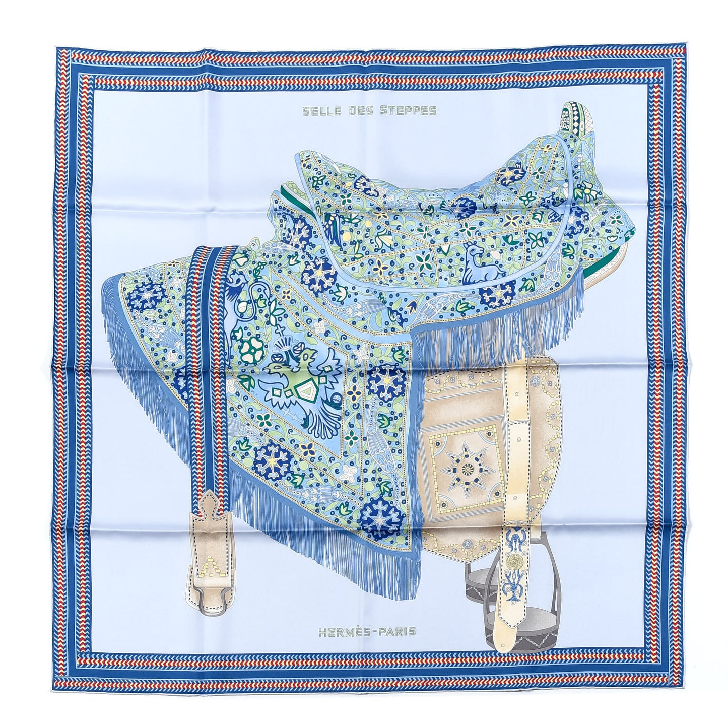 Silk Selle Des Steppes Scarf 90 Bleu Ciel Bleu Jean Vert