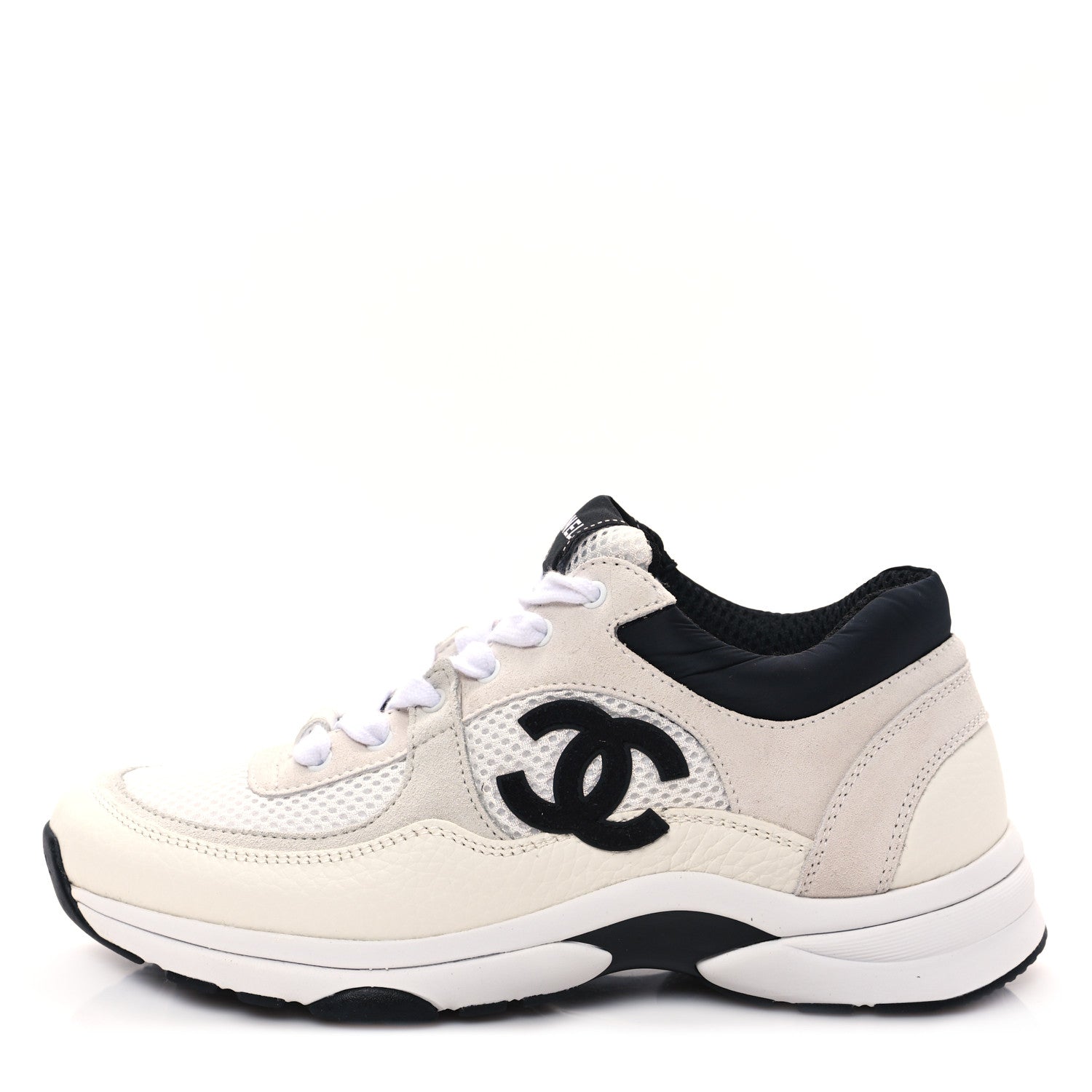 Chanel Mesh Suede Calfskin Grained Calfskin Womens CC Sneakers 37 White Black 1 of 10