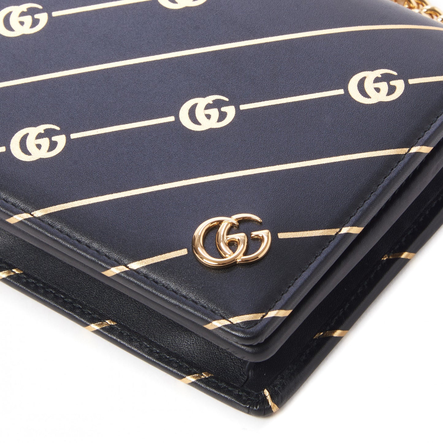Calfskin Diagonal GG Mini Chain Wallet Black Gold