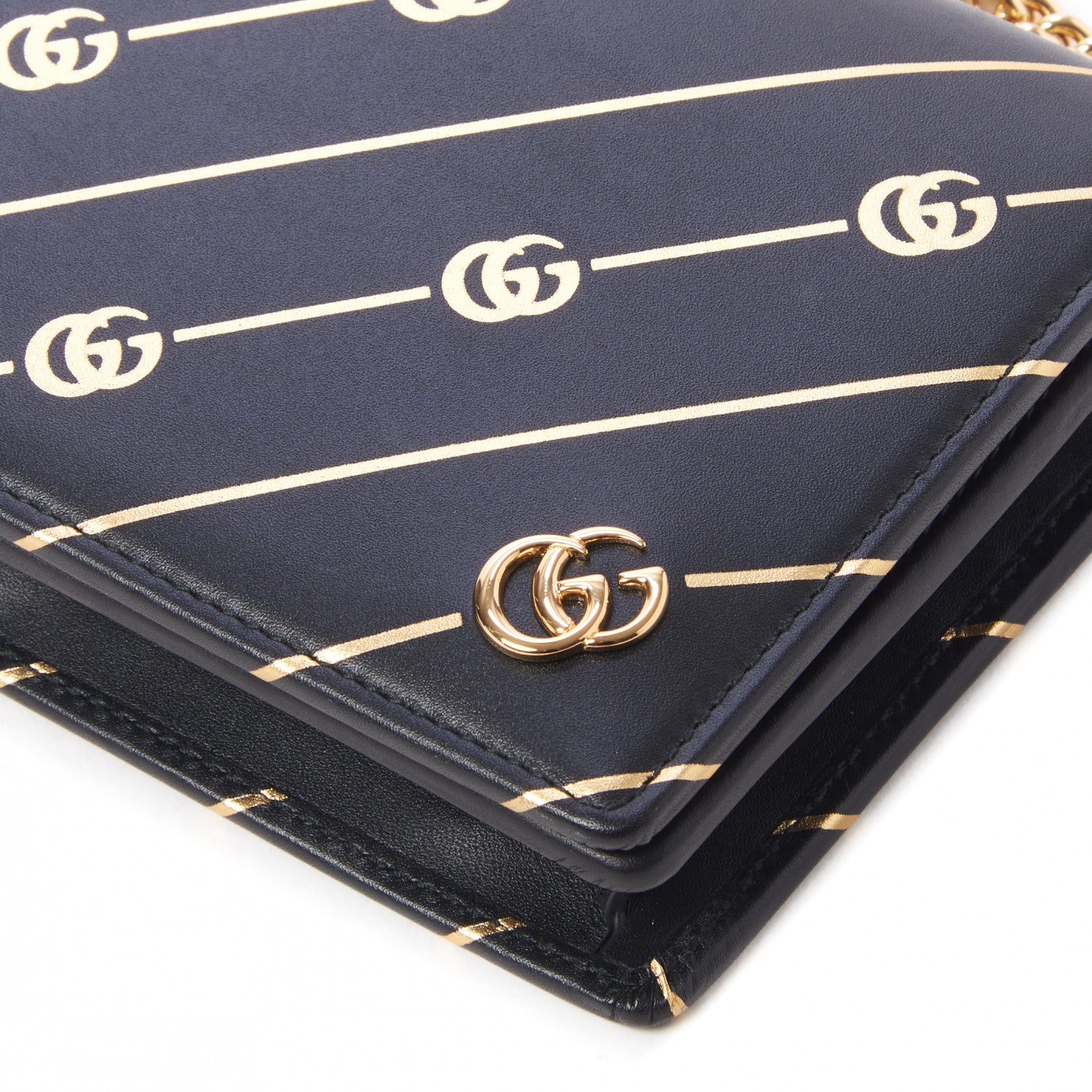 Gucci Calfskin Diagonal GG Mini Chain Wallet Black Gold 4 of 9