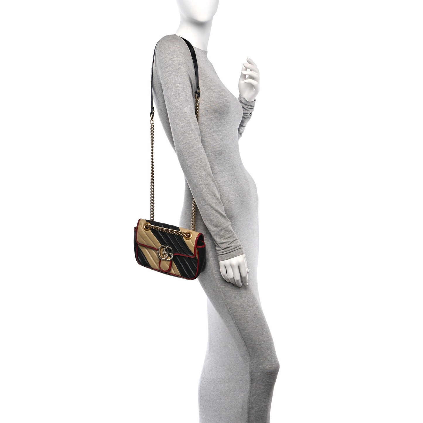 Vintage Effect Calfskin Matelasse Diagonal Striped Mini Torchon GG Marmont Shoulder Bag Black Beige