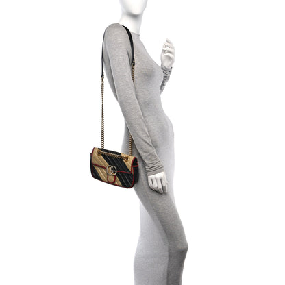 Gucci Vintage Effect Calfskin Matelasse Diagonal Striped Mini Torchon GG Marmont Shoulder Bag Black Beige 2 of 11