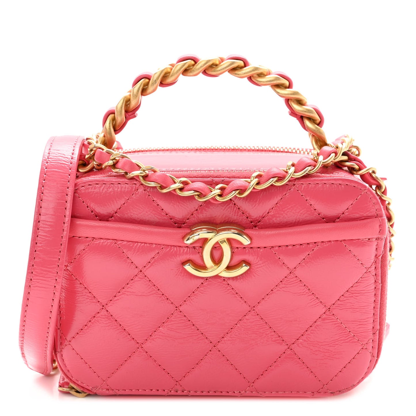 Crumpled Calfskin Quilted Mini Get Round Top Handle Vanity Case Pink