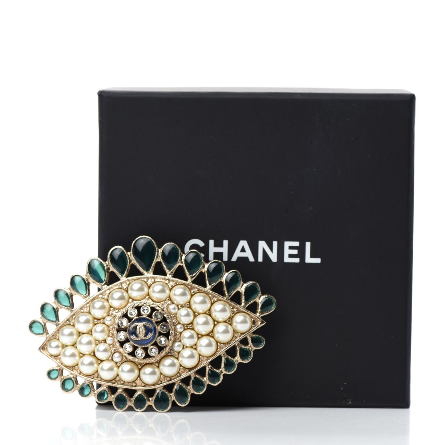 Resin Crystal Glass Pearl Eye Brooch Gold Pearly White Green