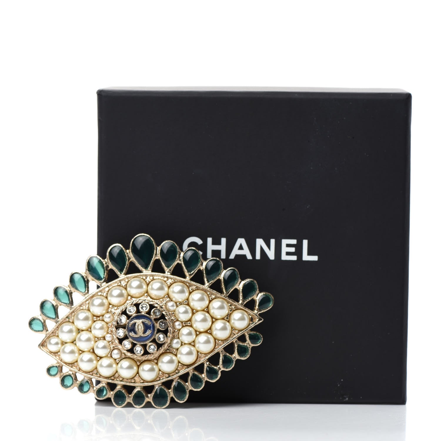 Chanel Resin Crystal Glass Pearl Eye Brooch Gold Pearly White Green 5 of 5