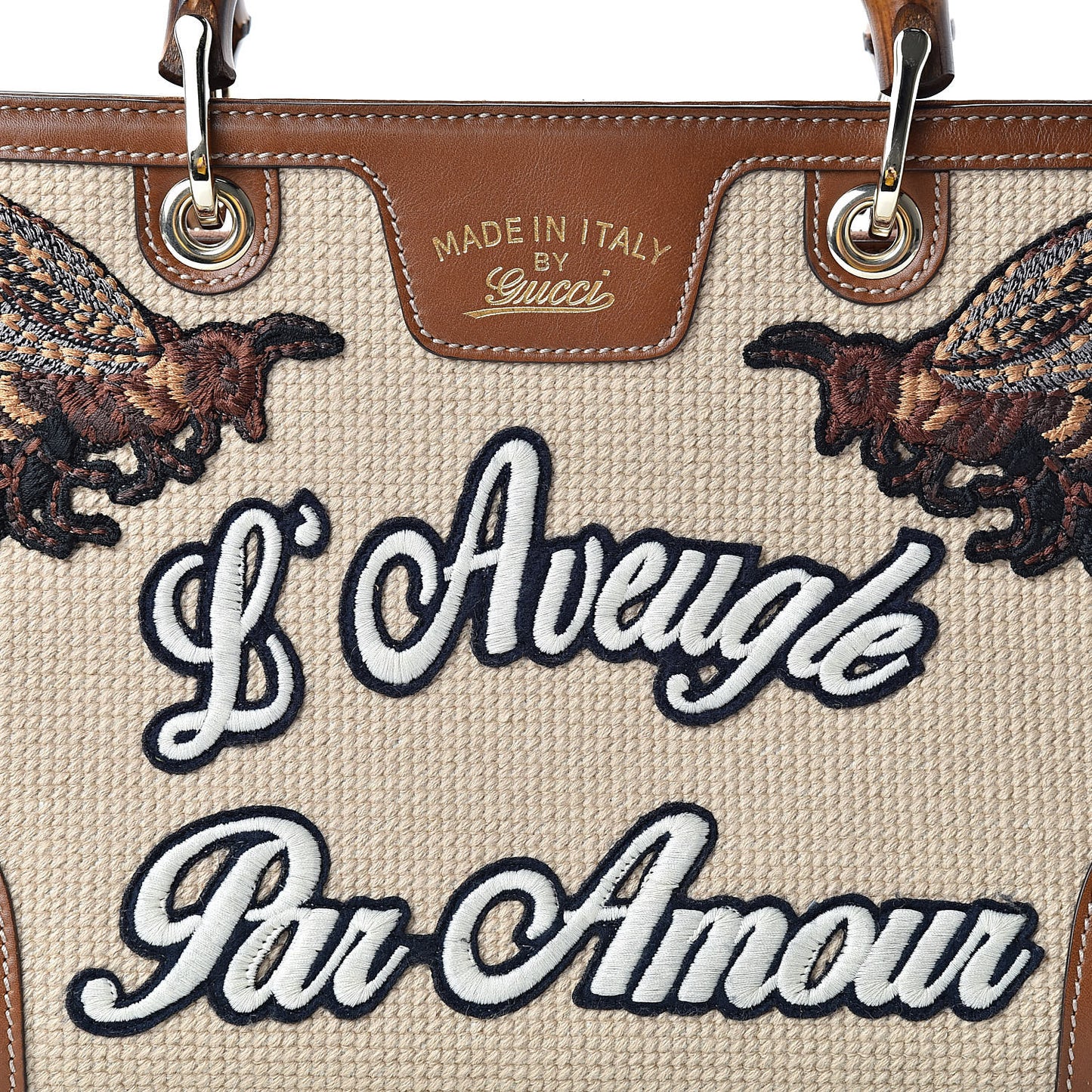 Calfskin L'Aveugle Par Amour Embroidered Medium Bamboo Shopper Tote Brown