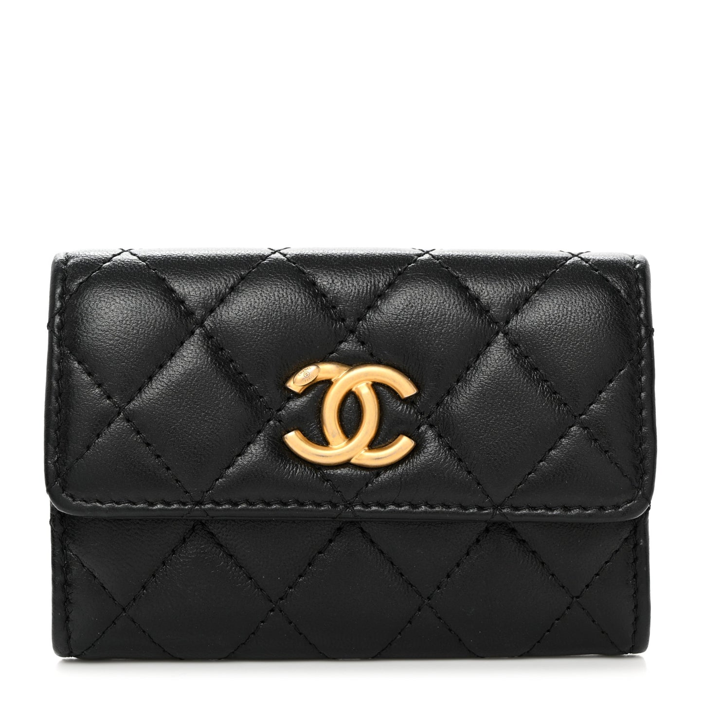 Lambskin Quilted Flap Card Holder Black