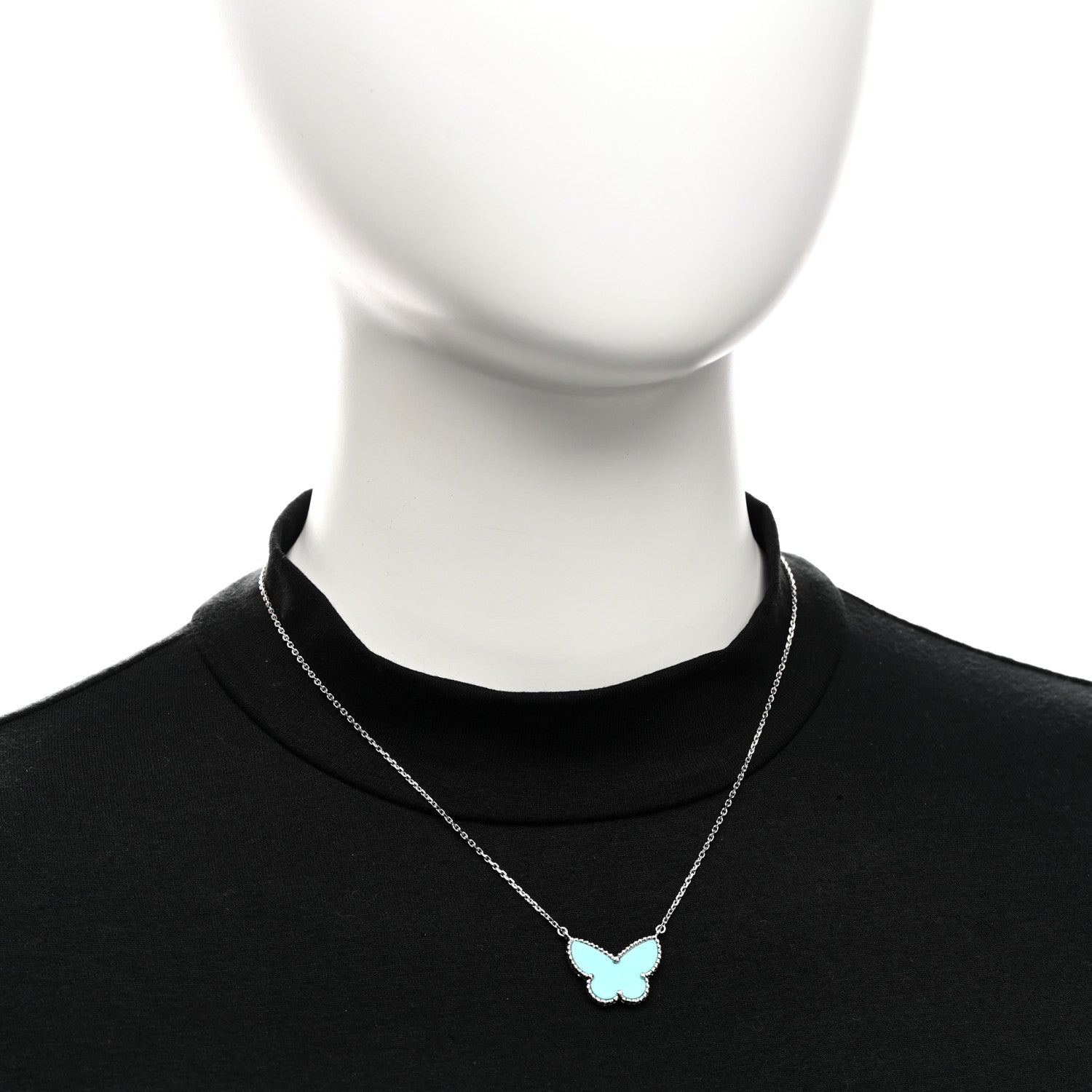 Van Cleef & Arpels 18K White Gold Turquoise Lucky Alhambra Butterfly Pendant Necklace 2 of 4
