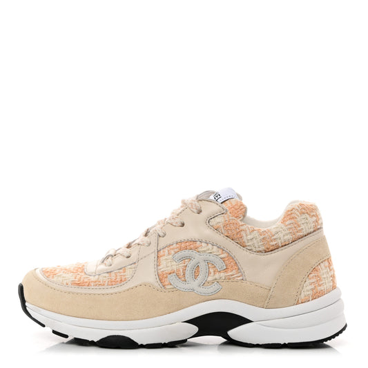 Tweed Suede Calfskin Womens CC Sneakers 37 Orange