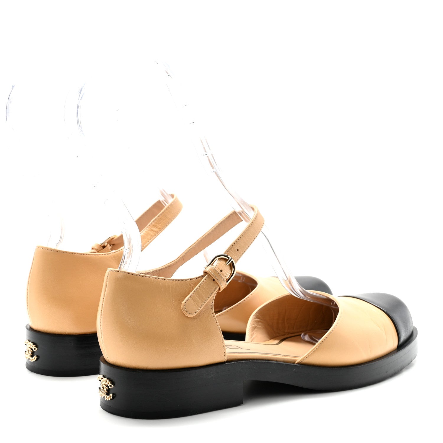 Chanel Shiny Goatskin Mary Jane Flats 38.5 Beige Black 5 of 10