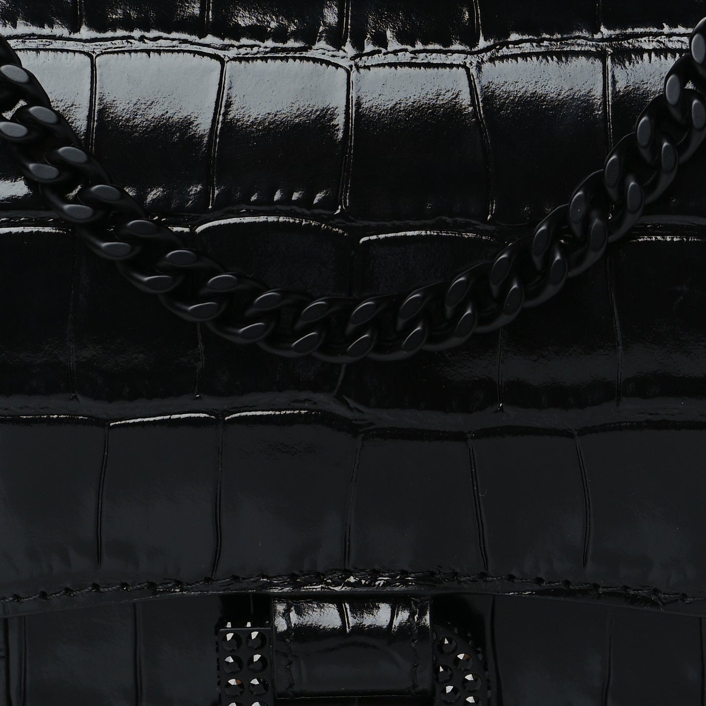 Shiny Calfskin Strass Monochrome Crocodile Embossed Hourglass Chain Bag Black