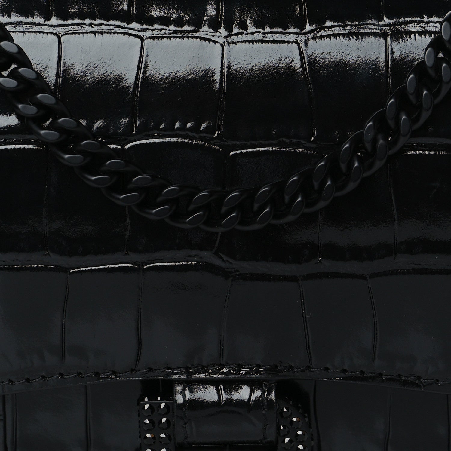 Balenciaga Shiny Calfskin Strass Monochrome Crocodile Embossed Hourglass Chain Bag Black 7 of 9