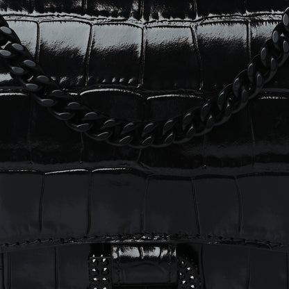 Balenciaga Shiny Calfskin Strass Monochrome Crocodile Embossed Hourglass Chain Bag Black 7 of 9