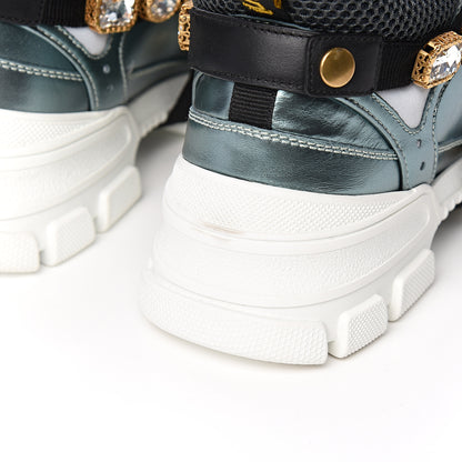 Gucci X SEGA Metallic Calfskin Removable Crystals Womens Flashtrek Sneakers 38 Lago Loess Silver 5 of 10