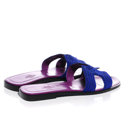 Hermes Herringbone Dabka Oran Sandals 38.5 Bleu 4 of 8