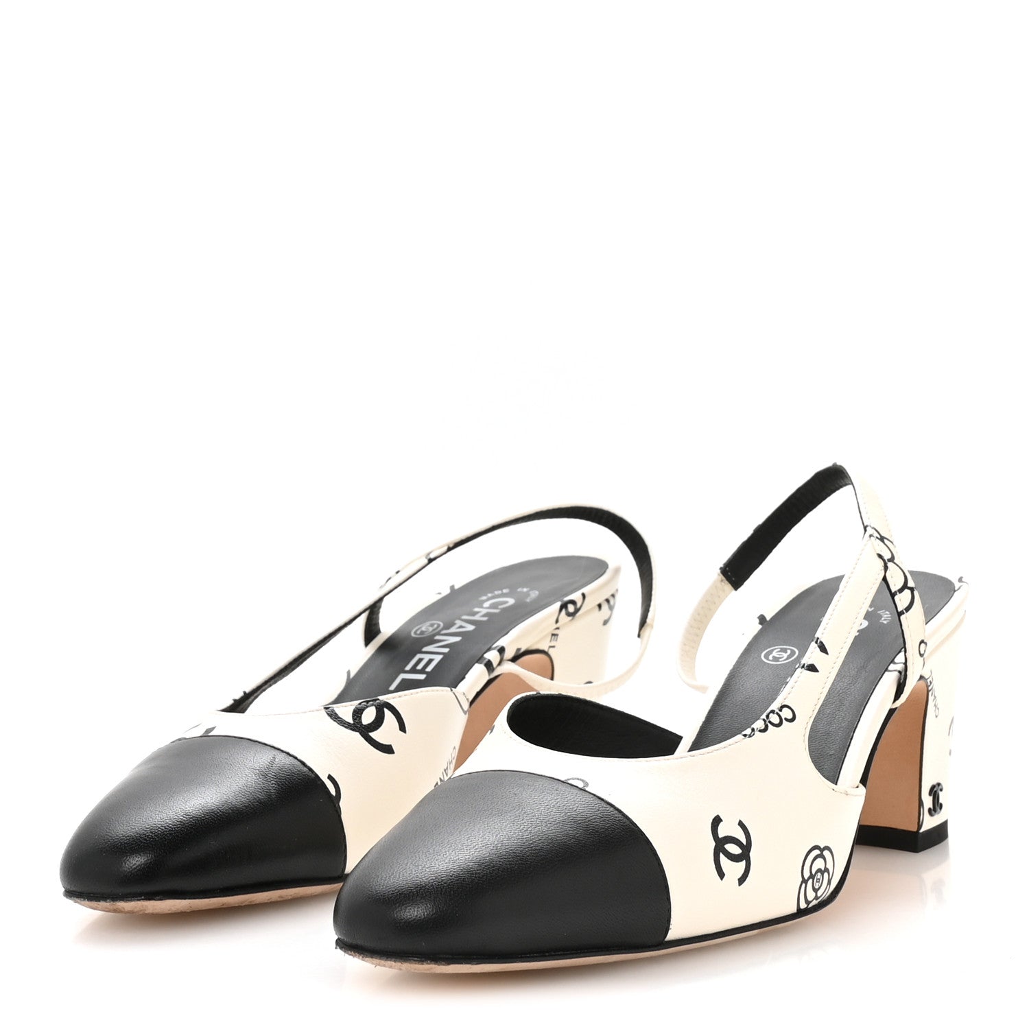 Chanel Printed Lambskin Cap Toe CC Slingback Pumps 37.5 Black White 4 of 8