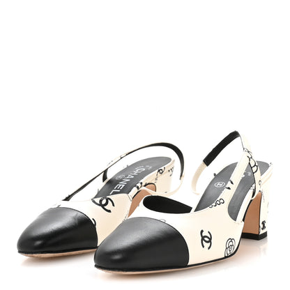 Chanel Printed Lambskin Cap Toe CC Slingback Pumps 37.5 Black White 4 of 8