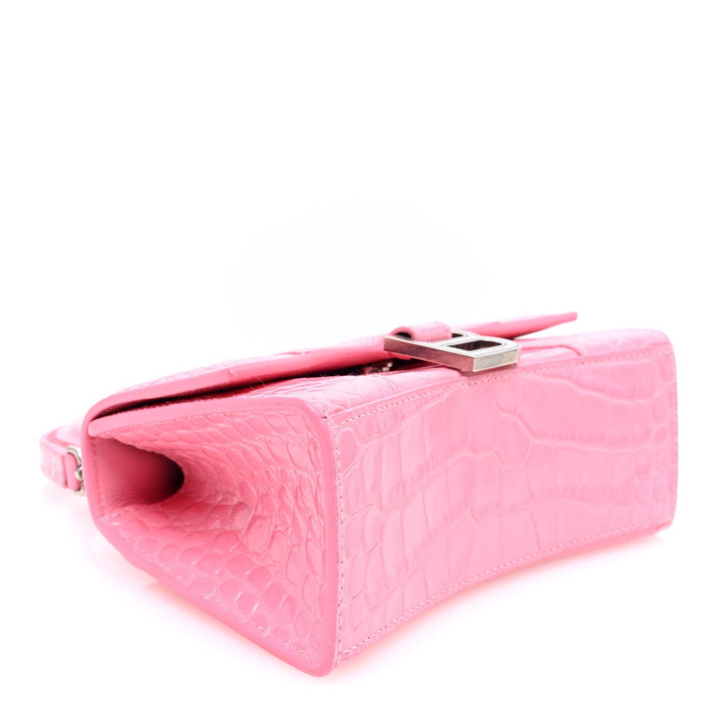 Shiny Calfskin Crocodile Embossed Hourglass Top Handle Bag XS Sweet Pink
