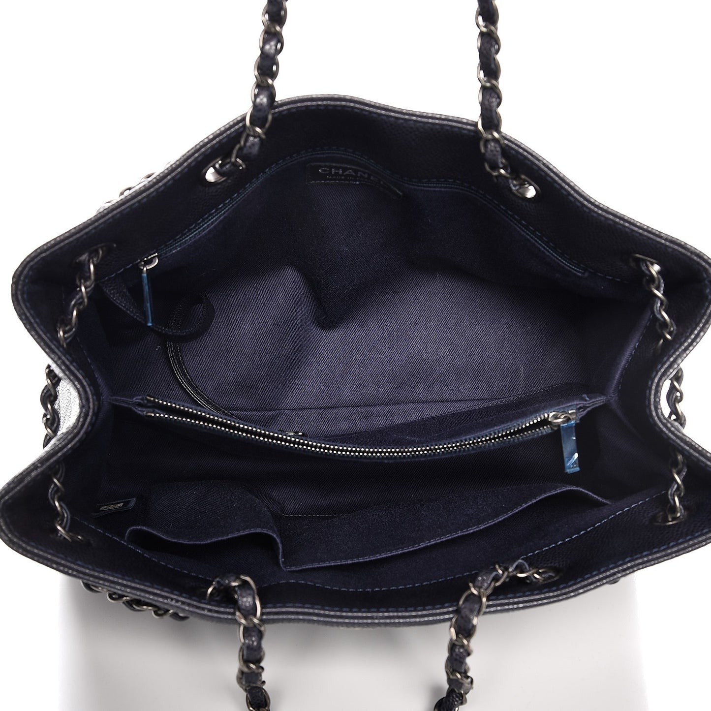 Metallic Grained Calfskin Woven Chain Medium Shopping Tote Dark Navy