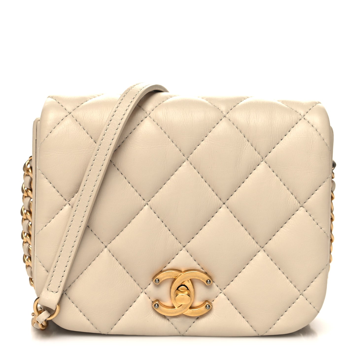 Calfskin Quilted Mini Nailed CC Flap Bag Beige