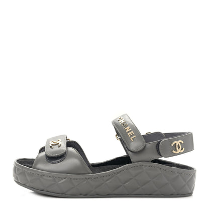 Chanel Shiny Calfskin Logo Platform Sandals 39 Grey 1 of 10