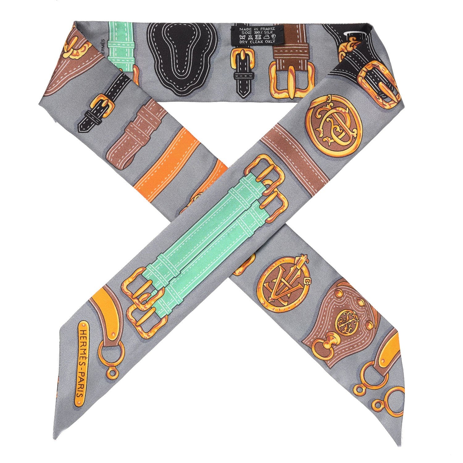 Hermes Silk Harnais Des Presidents Twilly Gris Orange Vert 1 of 4