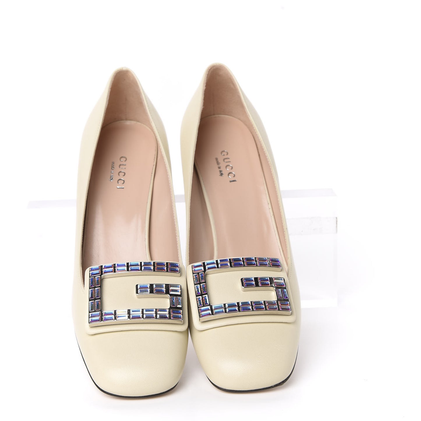 Malaga Kid Crystal Square G Madelyn Mid Heel Loafer Pumps 36.5 White