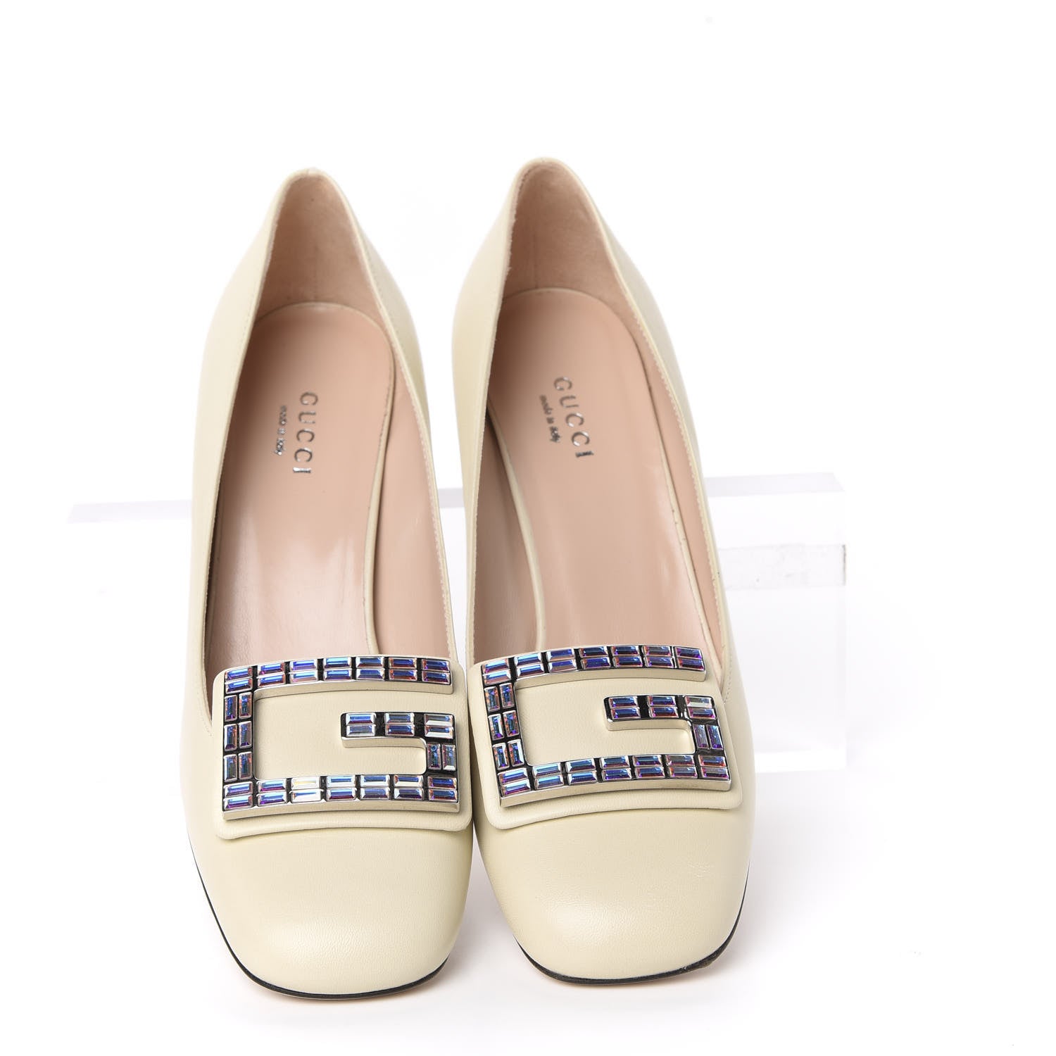 Gucci Malaga Kid Crystal Square G Madelyn Mid Heel Loafer Pumps 36.5 White 5 of 12