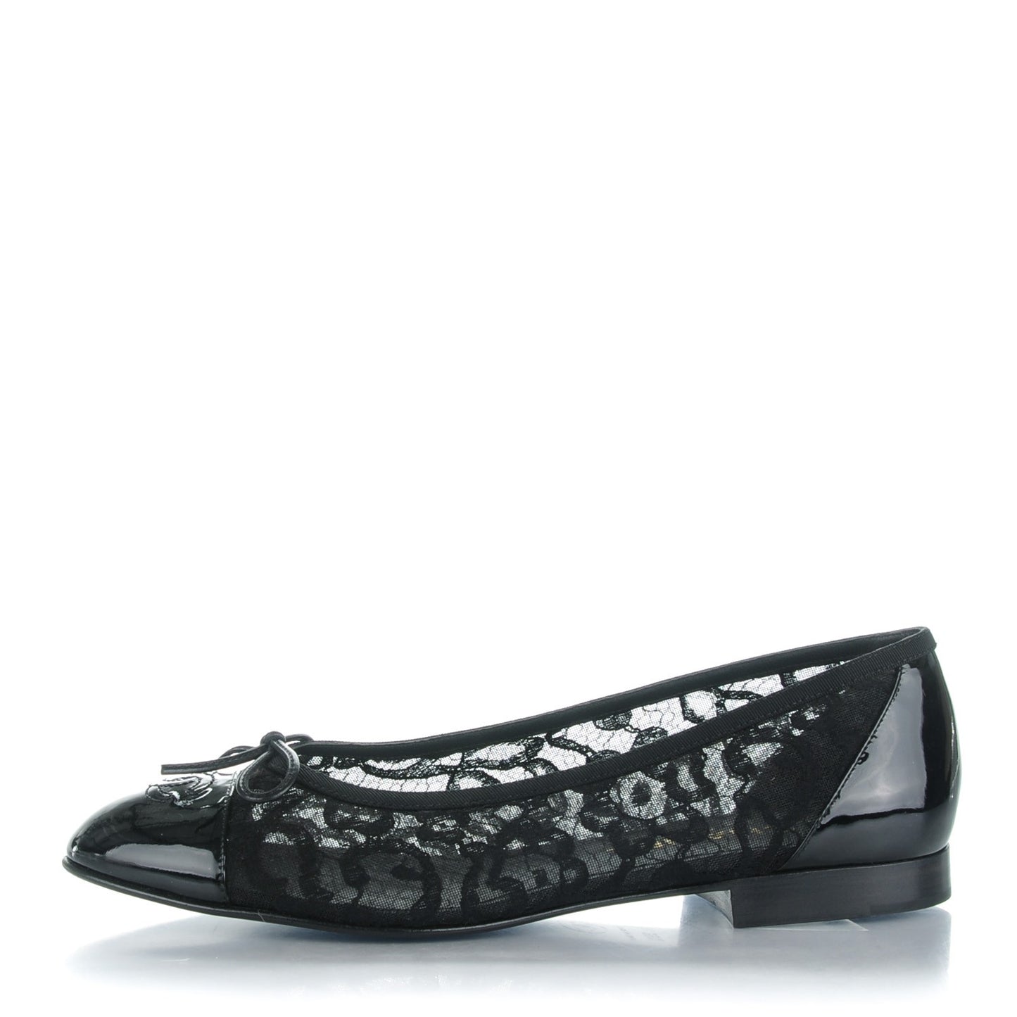 Lace Patent Calfskin Cap Toe CC Ballerina Flats 39.5 Black