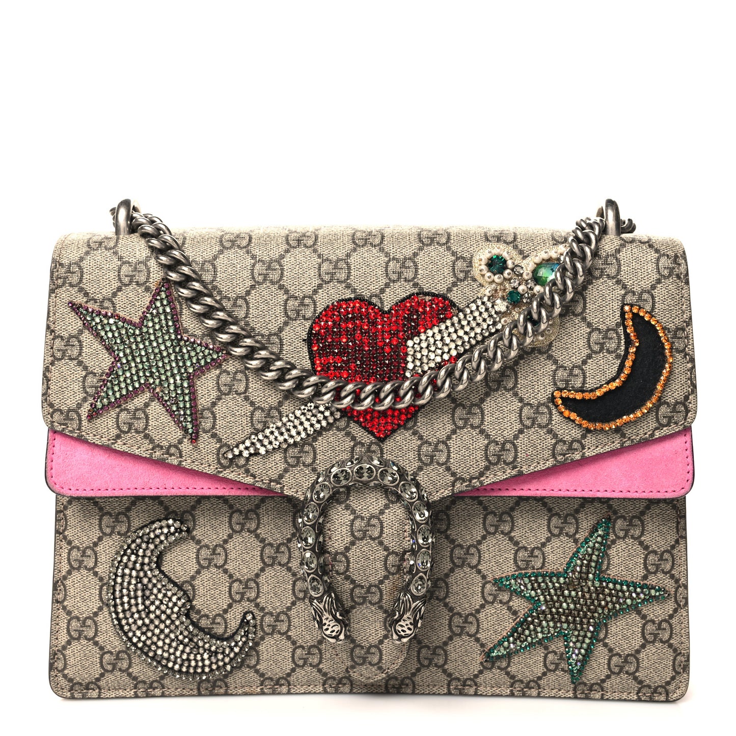 GG Supreme Monogram Suede Pierced Heart Embroidered Medium Dionysus Shoulder Bag Beige Ebony Pink Tropical Flower