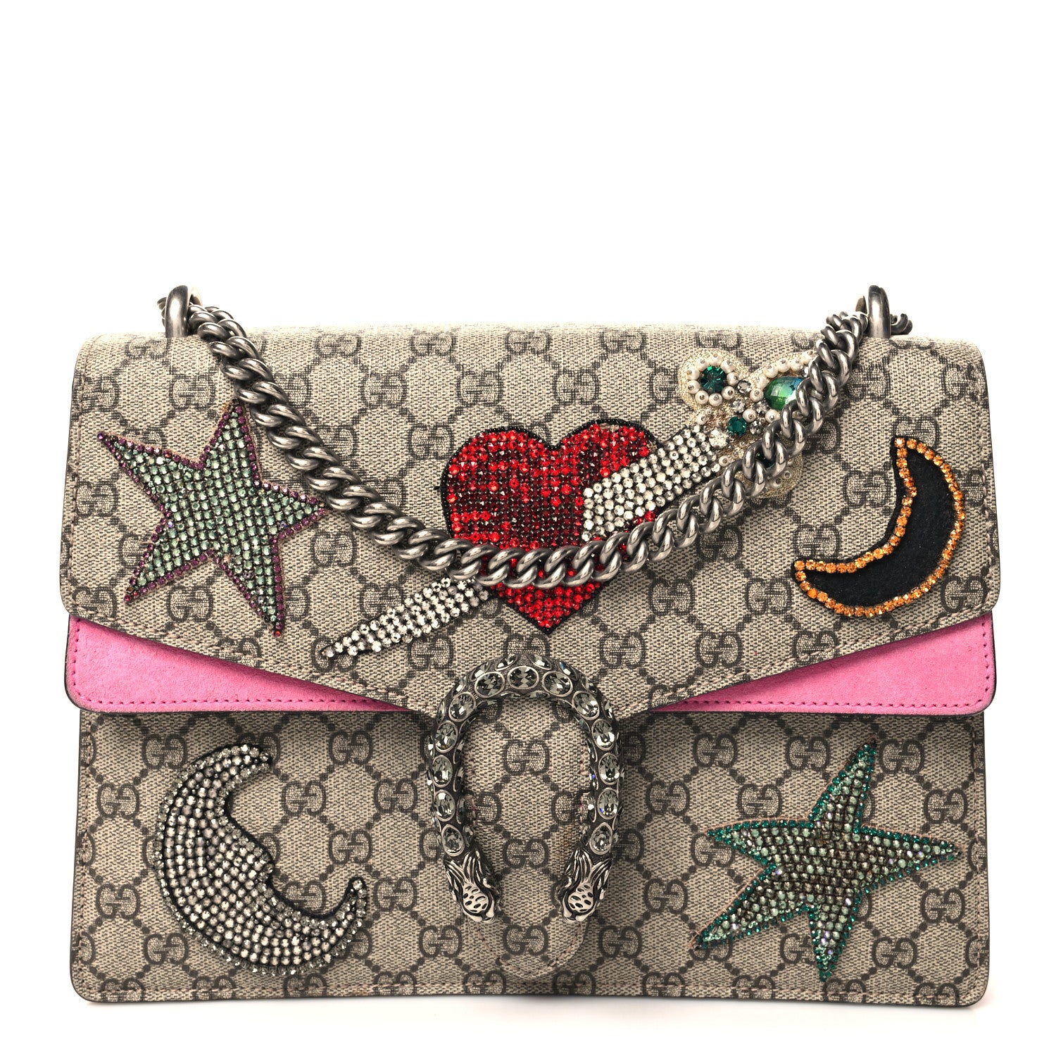 Gucci GG Supreme Monogram Suede Pierced Heart Embroidered Medium Dionysus Shoulder Bag Beige Ebony Pink Tropical Flower 1 of 18